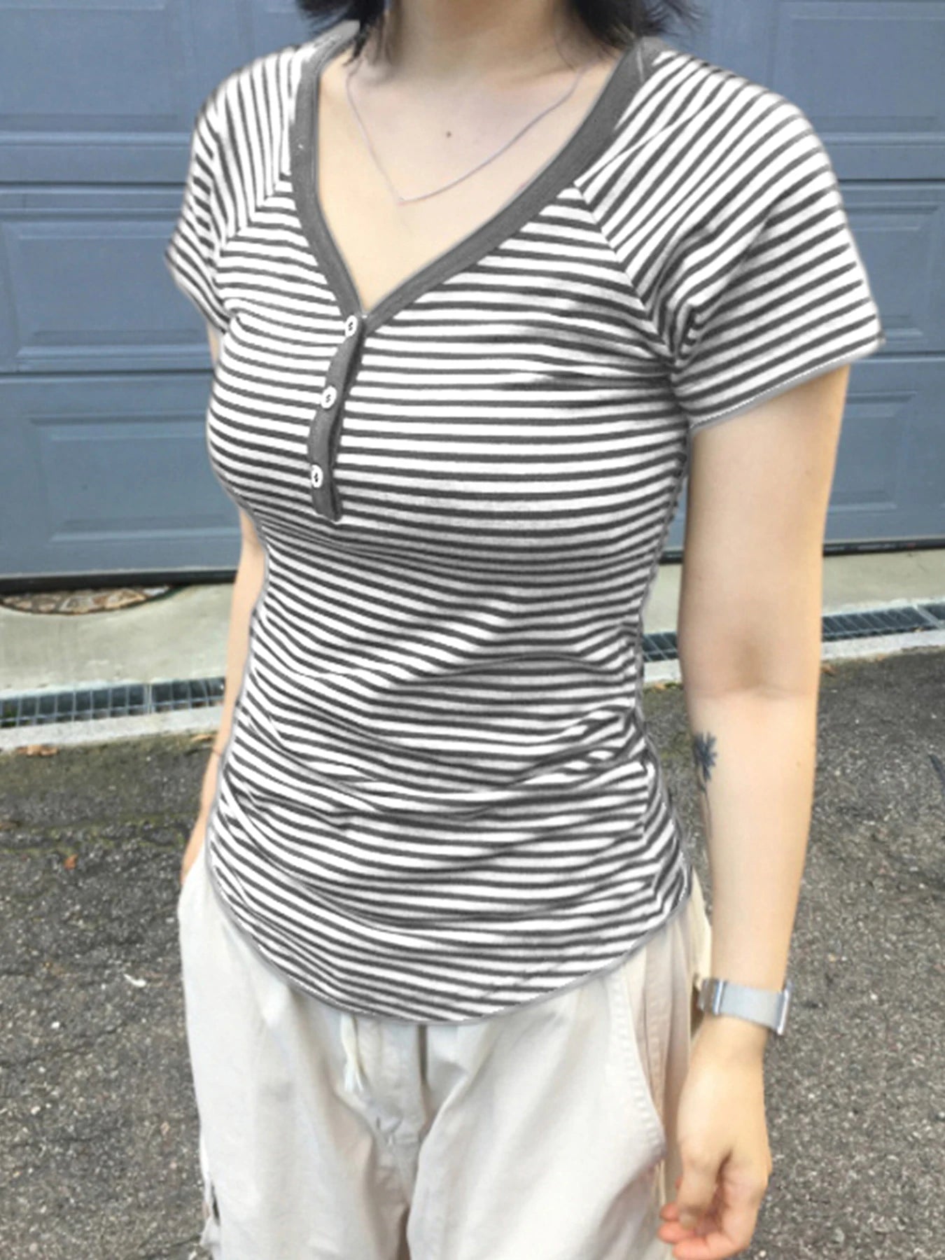 fashion Striped Print Buttons Up Women's Tops Fashion Streetwear Chic Aesthetic Korean Shirts Flare Sleeves Chic Tops