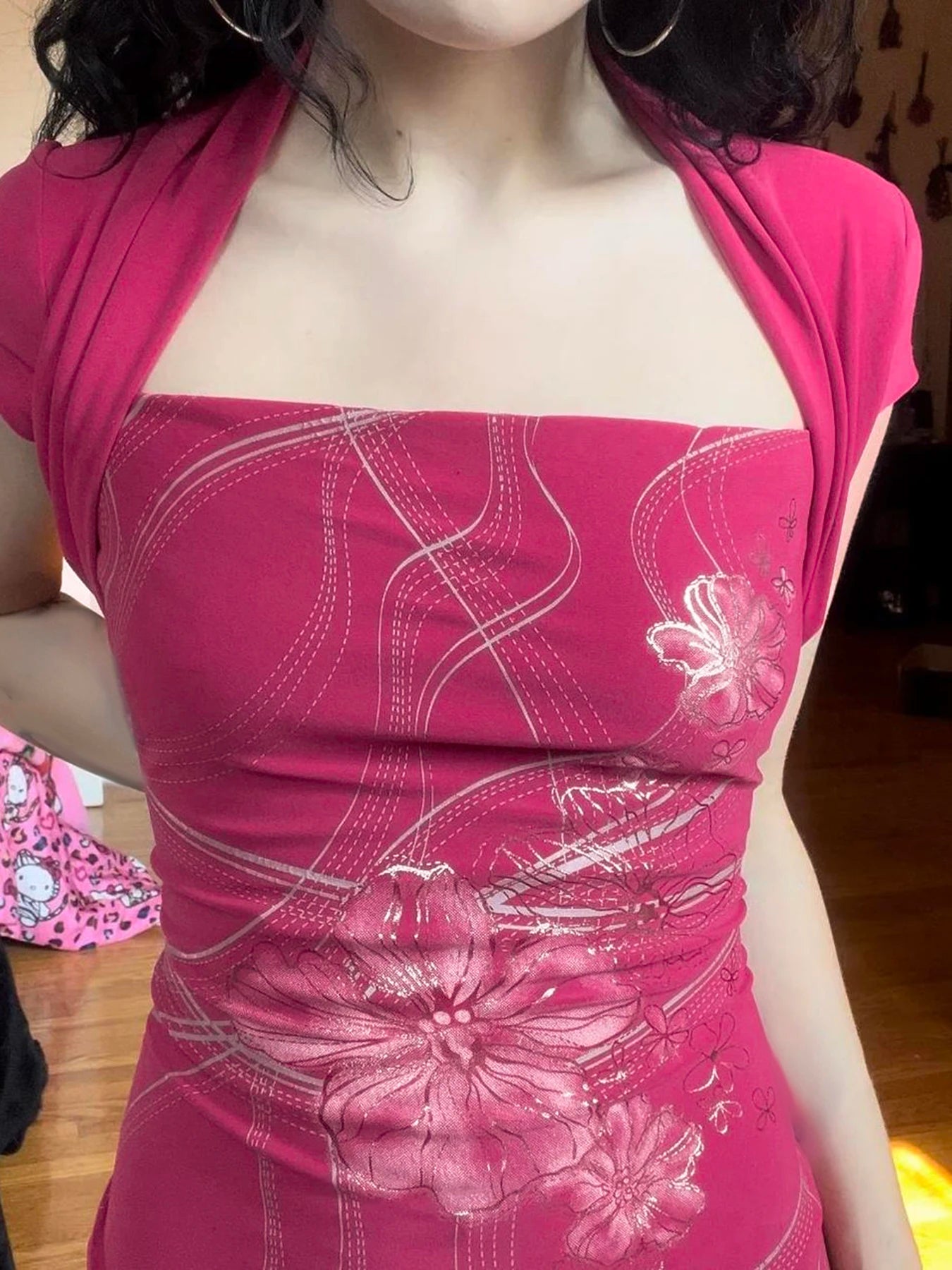 fashion Floral Print Fold Short Sleeved Tops Vintage Retro Bodycon Elastic Streetwear 90s Shirts Casual All-match Tees