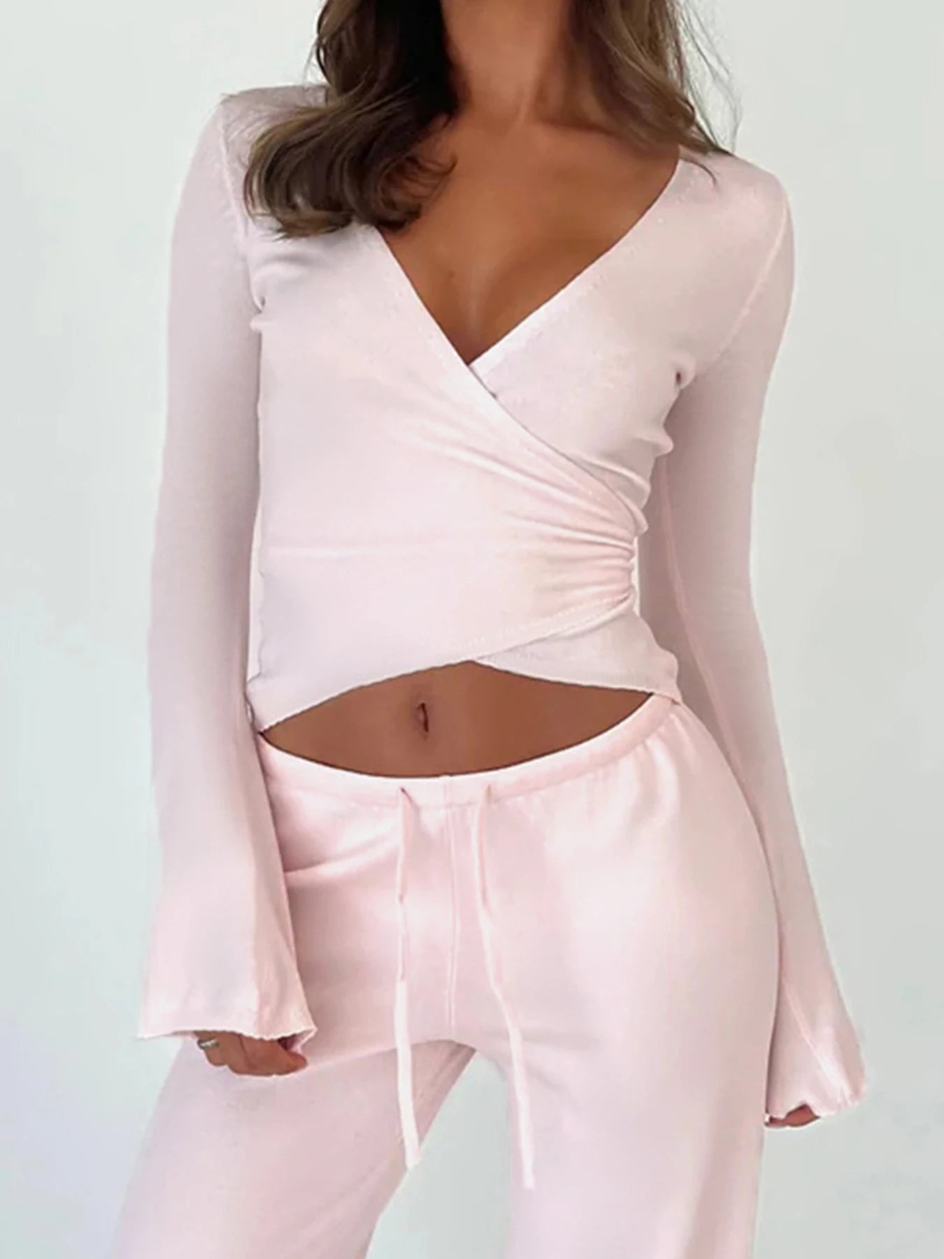 fashionBasic Solid Slim Lace-up Tee Shirts Long Sleeves V-neck Casual Chic Clothes Sporty Streetwear Four Color Knit Tops