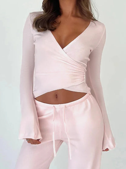 fashionBasic Solid Slim Lace-up Tee Shirts Long Sleeves V-neck Casual Chic Clothes Sporty Streetwear Four Color Knit Tops