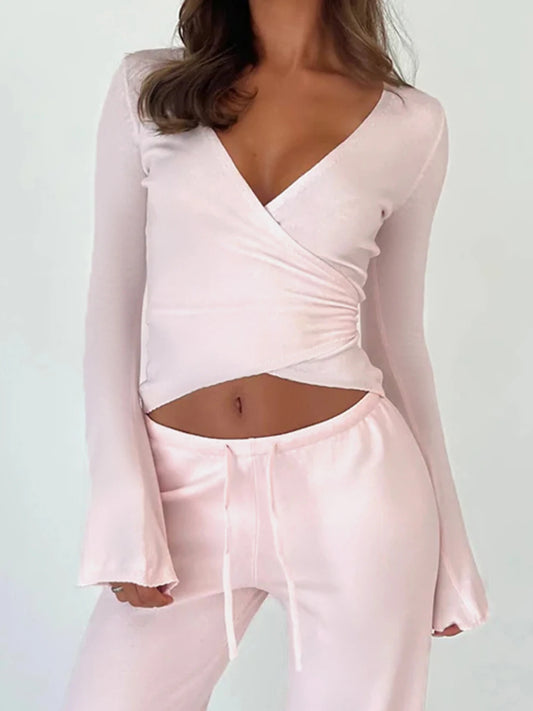 fashionBasic Solid Slim Lace-up Tee Shirts Long Sleeves V-neck Casual Chic Clothes Sporty Streetwear Four Color Knit Tops