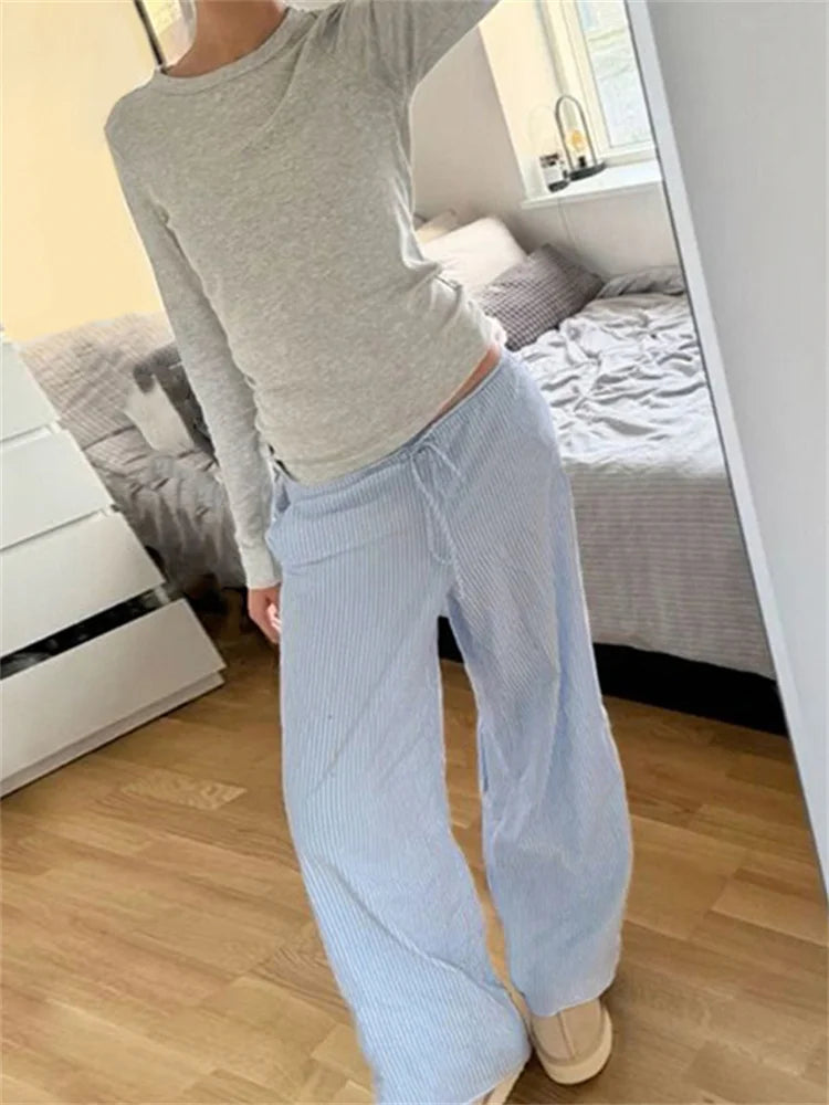 fashionStreetwear Striped Print Loose Trousers Lace-up Joggers Fashion Y2K Baggy Pants Basic Aesthetic 90s Cute Bottoms