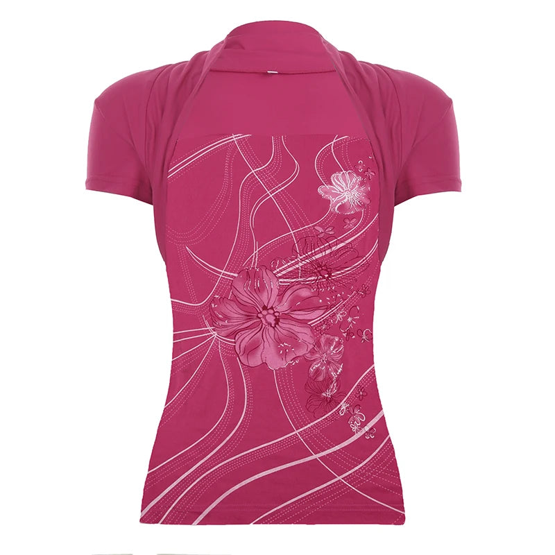 fashion Floral Print Fold Short Sleeved Tops Vintage Retro Bodycon Elastic Streetwear 90s Shirts Casual All-match Tees