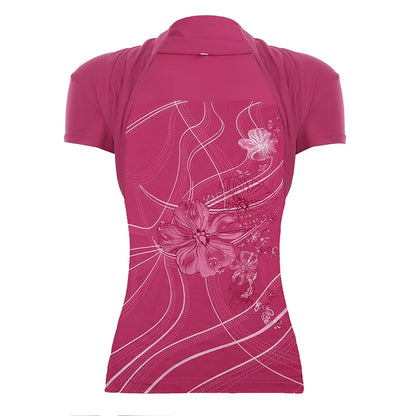 fashion Floral Print Fold Short Sleeved Tops Vintage Retro Bodycon Elastic Streetwear 90s Shirts Casual All-match Tees