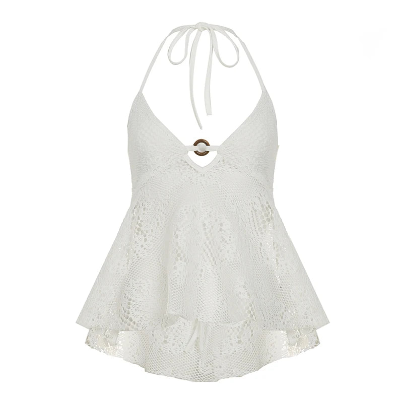 fashion Boho Hollow Out Lace Camisole Halter Vacation Solid Sexy Circular Ring Vintage Clothes Basic Streetwear Chic Tops