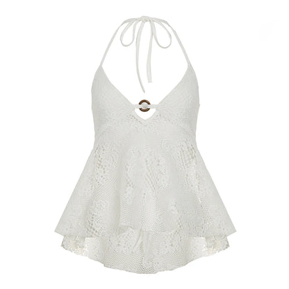 fashion Boho Hollow Out Lace Camisole Halter Vacation Solid Sexy Circular Ring Vintage Clothes Basic Streetwear Chic Tops