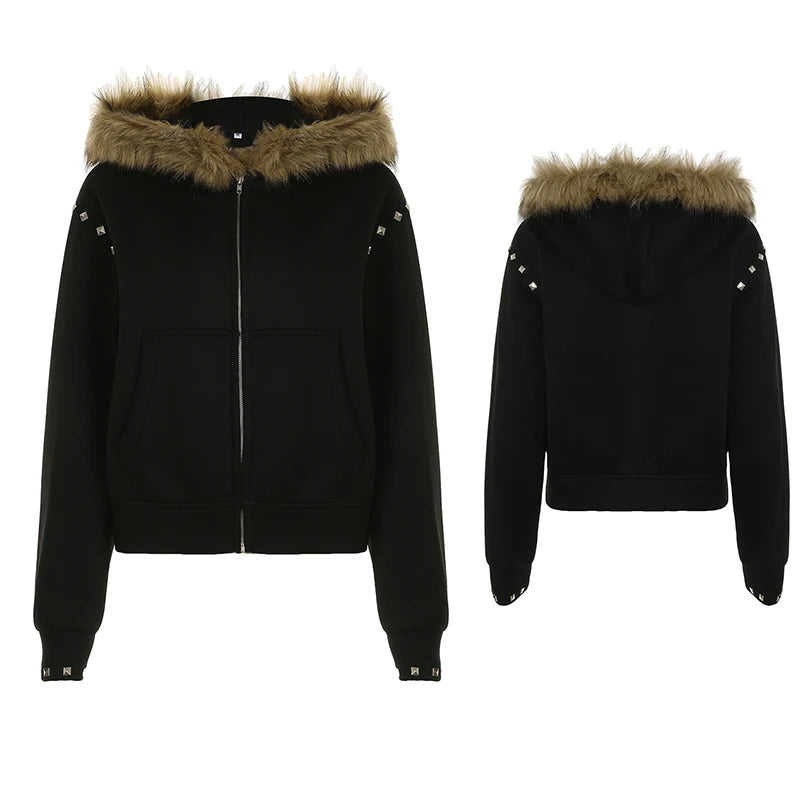 fashionZip Up Fur Neck Hoodie Coats Fashion Slim Solid Y2K Vintage Women's Jackets Casual Streetwear Chic Basics Clothes