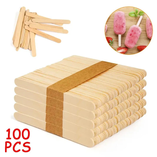 100pcs Ice Cream Popsicle Sticks Wooden Sticks Ice Cream Spoon Hand Crafts Art Ice Cream Lolly Cake Tools DIY Wooden Sticks