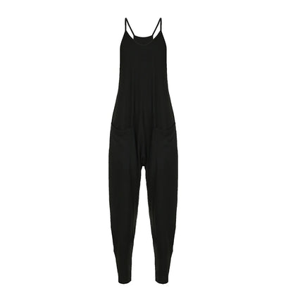 fashion Solid Streetwear Black Loose Jumpsuits Casual Sleeveless Fashion Pockets Overalls Chic Basic Leisure   Rompers