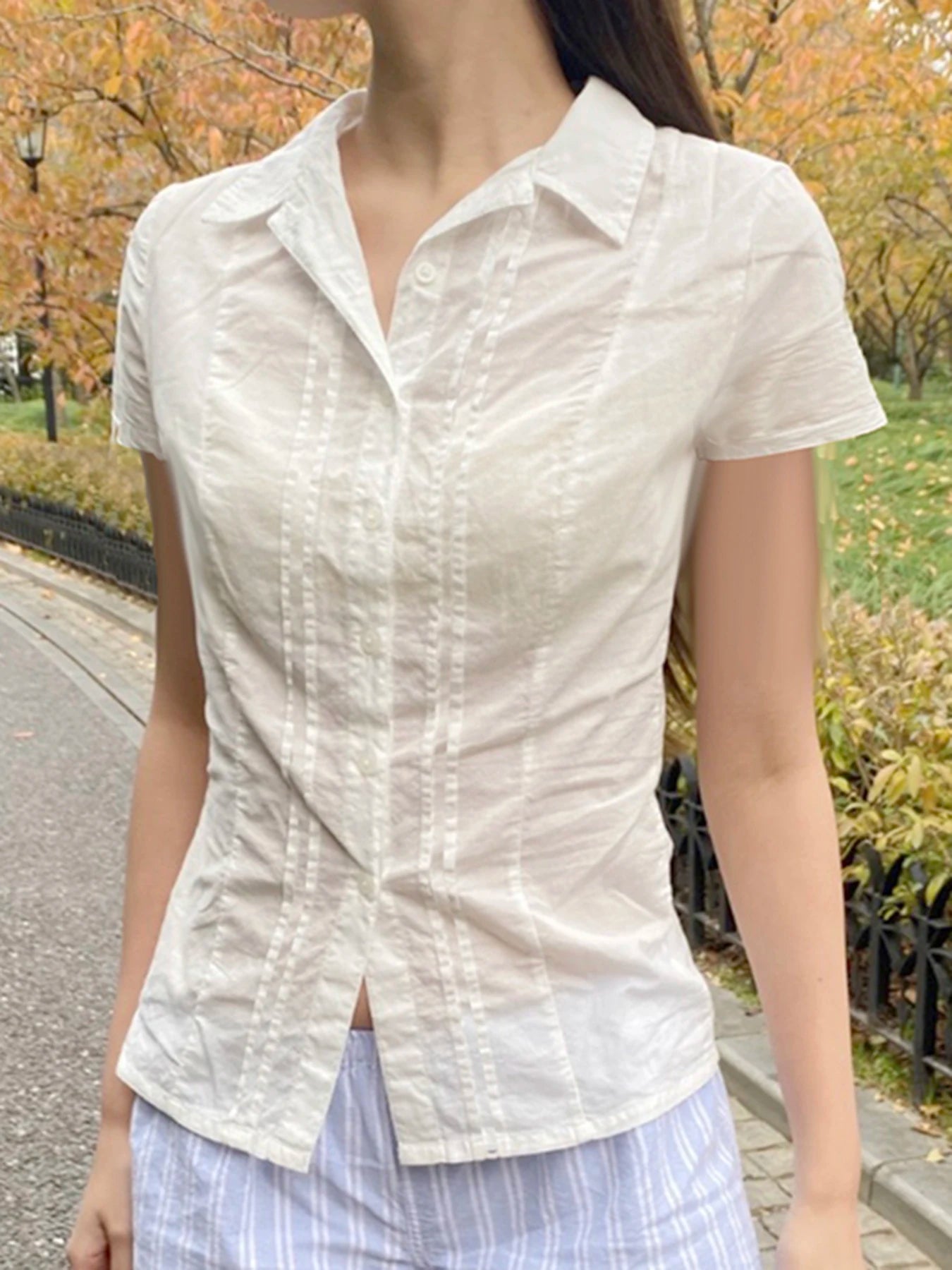 fashion Solid Lapel Button White Blouses Slim Classic Fashion Streetwear All-match Patchwork Tops Chic 90s Vintage Clothes