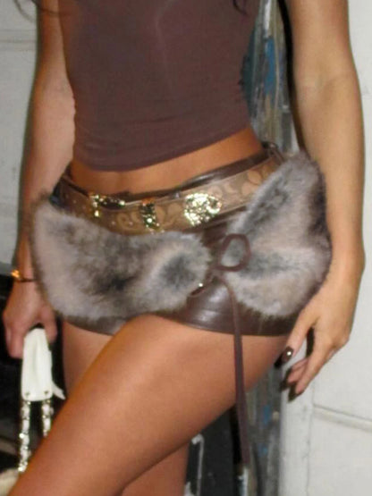 fashionLow Waisted Mini Leather Shorts Vintage Chic Furry Belts Casual Y2K Aesthetic Fashion Elastic Waist Bottoms