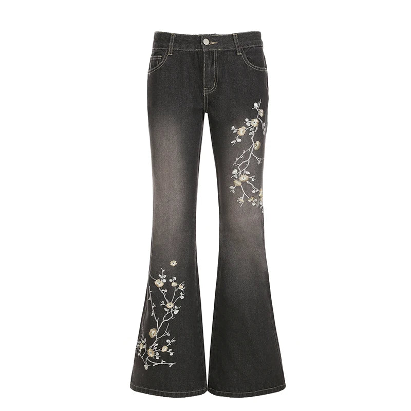 fashion Plant Embroidery Slim Denim Flared Pants Fashion Vintage Chic Retro Sexy Classic Bottoms Solid Streetwear Jeans