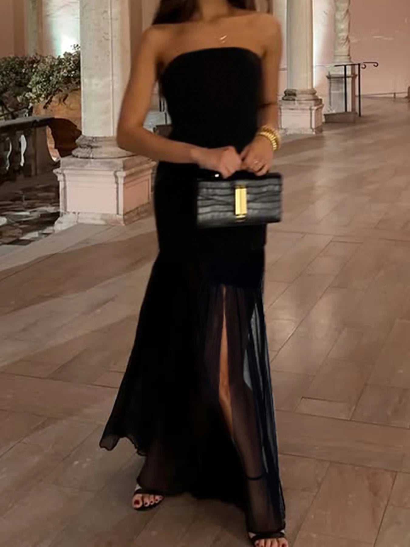 fashionSexy Hot Strapless Basic Mesh Dresses for Women Backless Split Elegant Evening Dress Casual Floor-length Dress