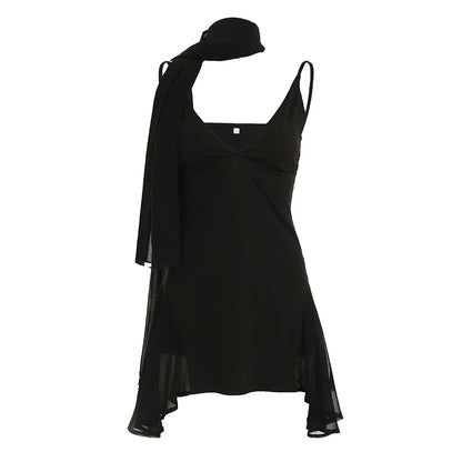 fashionIrregular A-line Vintage Solid Dress Halter Mesh Sleeveless V-neck Fashion Clothes Chic Streetwear Party Outfits