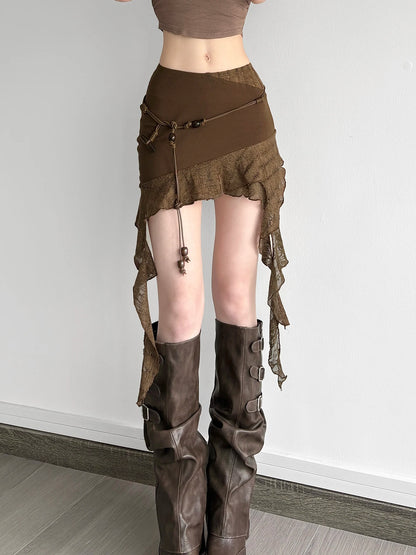 fashionIrregular Mesh Patchwork Belt Skirts Chic Fashion Vintage Retro Sexy Harajuku Clothings Hottie High Street Bottoms