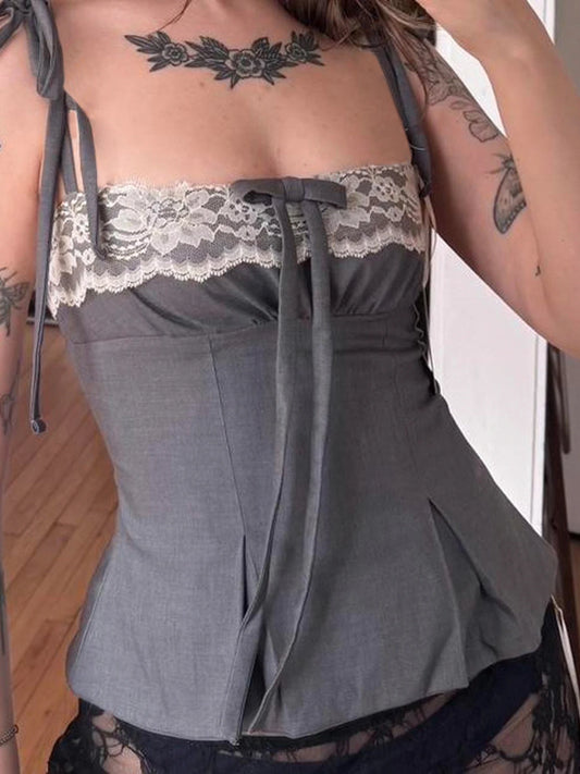 fashion Lace Cute Bow Sexy Camisoles Slim Y2K Aesthetic Backless Top Women's Vest Hot Chic Sweet Casual Lace Up Outfits