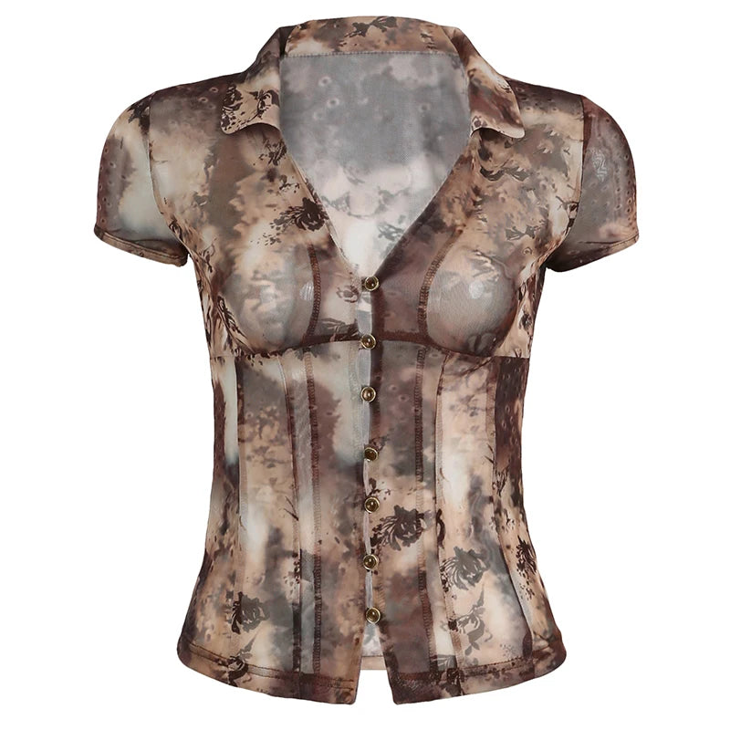 fashionRetro Floral Print Lapel Slim T-shirt Hollow Out Button Vintage Chic 90s Streetwear Tees Sexy Elastic Fashion Tops