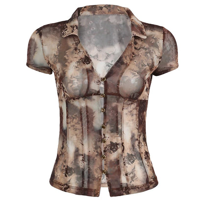 fashionRetro Floral Print Lapel Slim T-shirt Hollow Out Button Vintage Chic 90s Streetwear Tees Sexy Elastic Fashion Tops