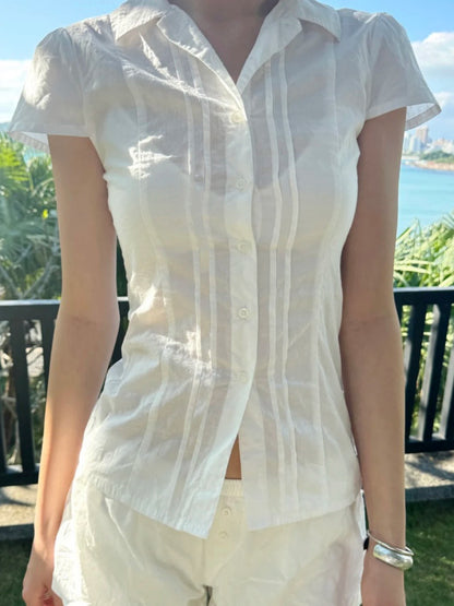 fashion Solid Lapel Button White Blouses Slim Classic Fashion Streetwear All-match Patchwork Tops Chic 90s Vintage Clothes