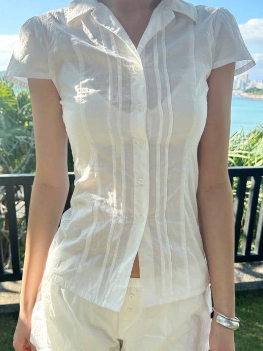 fashion Solid Lapel Button White Blouses Slim Classic Fashion Streetwear All-match Patchwork Tops Chic 90s Vintage Clothes