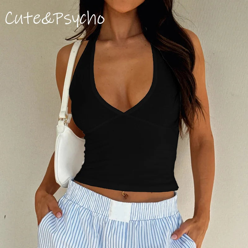 fashion Solid Black Sexy Halter Camisole Backless Slim Women's Cropped Vests Party Y2K Deep v-neck Clubwear Bustiers Chic