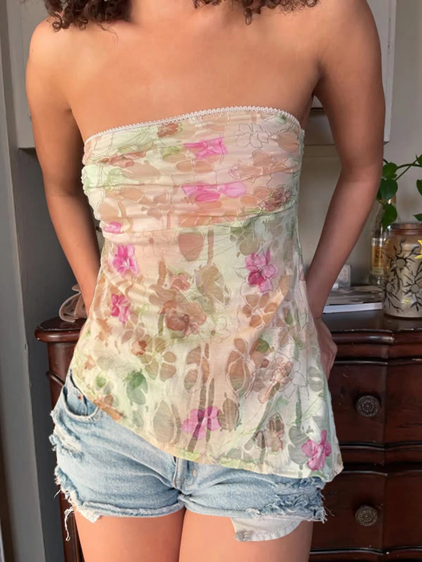 fashionFloral Print Sexy Strapless Top Chic Casual Slim Elegant Vintage Women's Clothing Clubwear Classic Fashion Vest