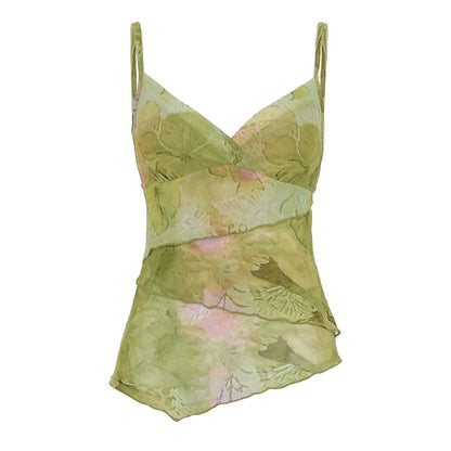 fashion Floral Print   Deep V-neck Camisole Backless Basic Streetwear 90s Slim Crop Tank Top Fashion Casual  Retro Vest