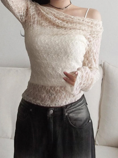 fashionSexy Lace Skew Collar Fashion Smock T-shirts Chic Vintage Retro 90s Hottie Elegant Tees Slim Streetwear Basic Tops