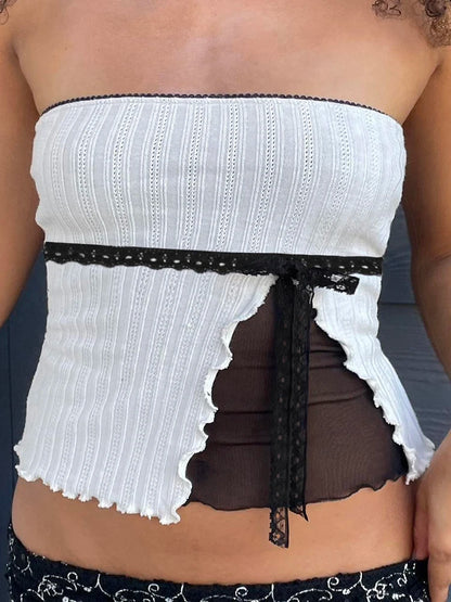 fashion Lace Patchwork Mesh Bow Lace-up Camisole Sleeveless Summer Sexy Slim Chic Cropped Tops Vintage Elastic Clothings