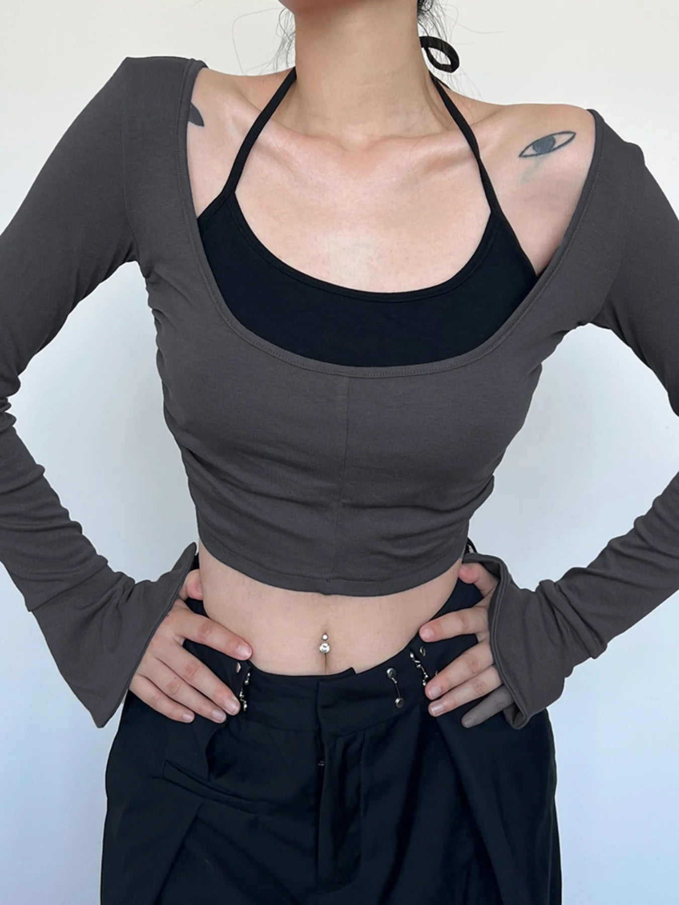 fashion Flare Sleeve Color Contrast Two-piece Top Set Halter Crop Casual Streetwear 90s Vinatge Suit Hottie Basic Twinset