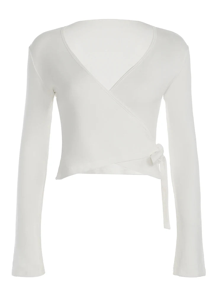 fashionBasic Solid Slim Lace-up Tee Shirts Long Sleeves V-neck Casual Chic Clothes Sporty Streetwear Four Color Knit Tops