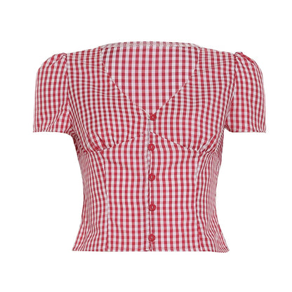 fashionVintage Plaid Print Slim Sexy Blouses Button Deep V-neck Harajuku Chic 90s Retro Shirt Hottie Y2k Classic Tops