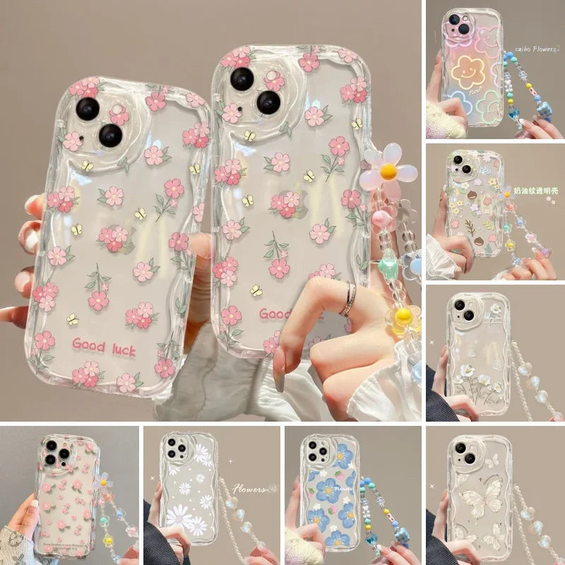 3D Flower Chain Lanyard Phone Case For Redmi Note 13 Pro Plus 5G 13C 4G Soft Wavy Edge Oil Painting Flowers Protective Cover