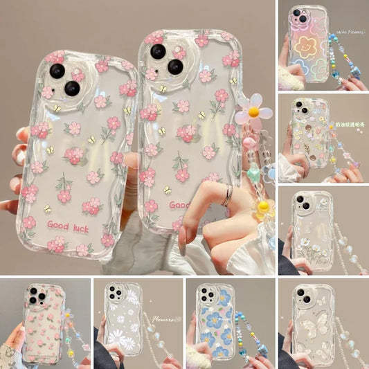 3D Flower Chain Lanyard Phone Case For Redmi Note 13 Pro Plus 5G 13C 4G Soft Wavy Edge Oil Painting Flowers Protective Cover