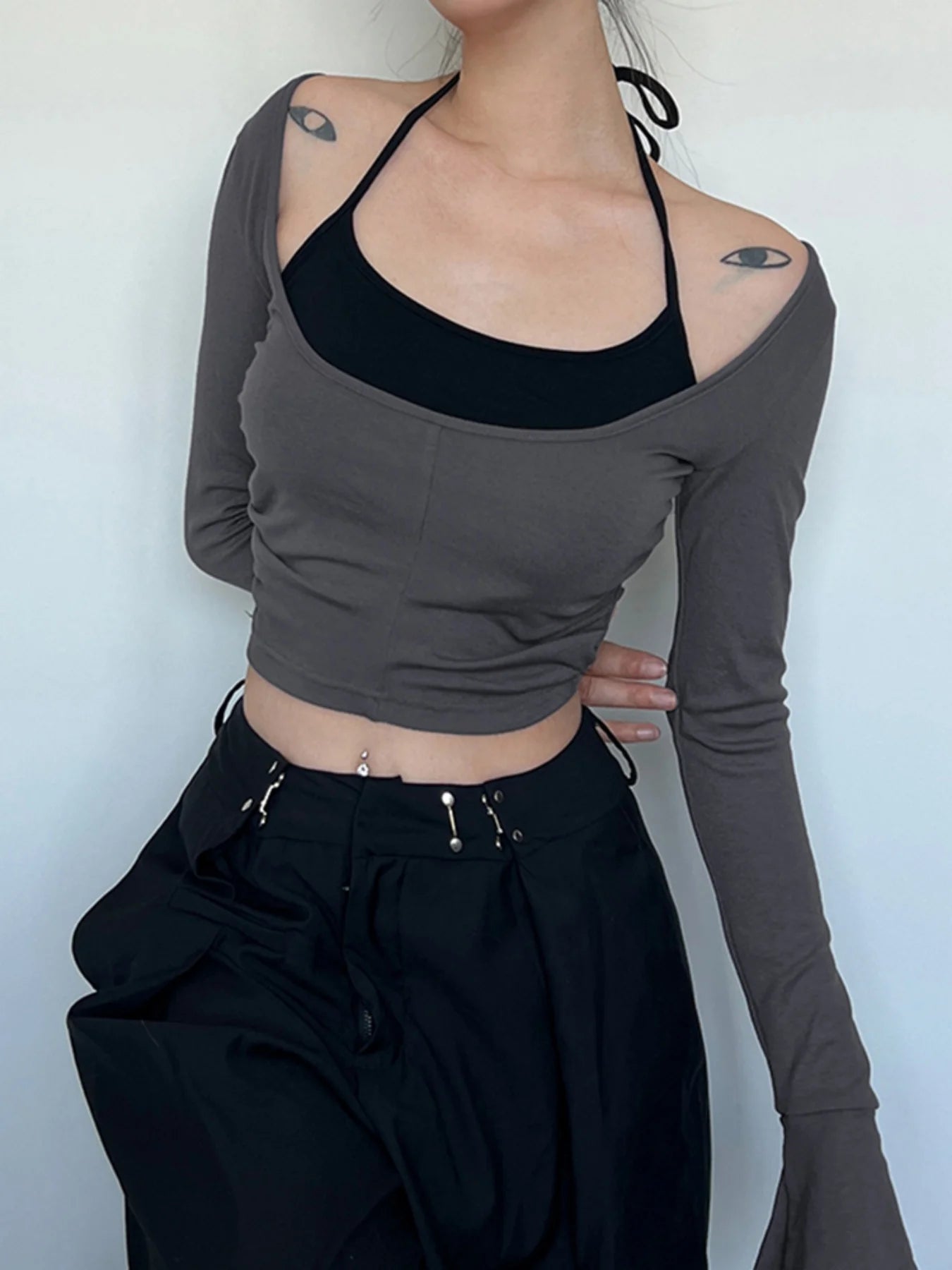 fashion Flare Sleeve Color Contrast Two-piece Top Set Halter Crop Casual Streetwear 90s Vinatge Suit Hottie Basic Twinset