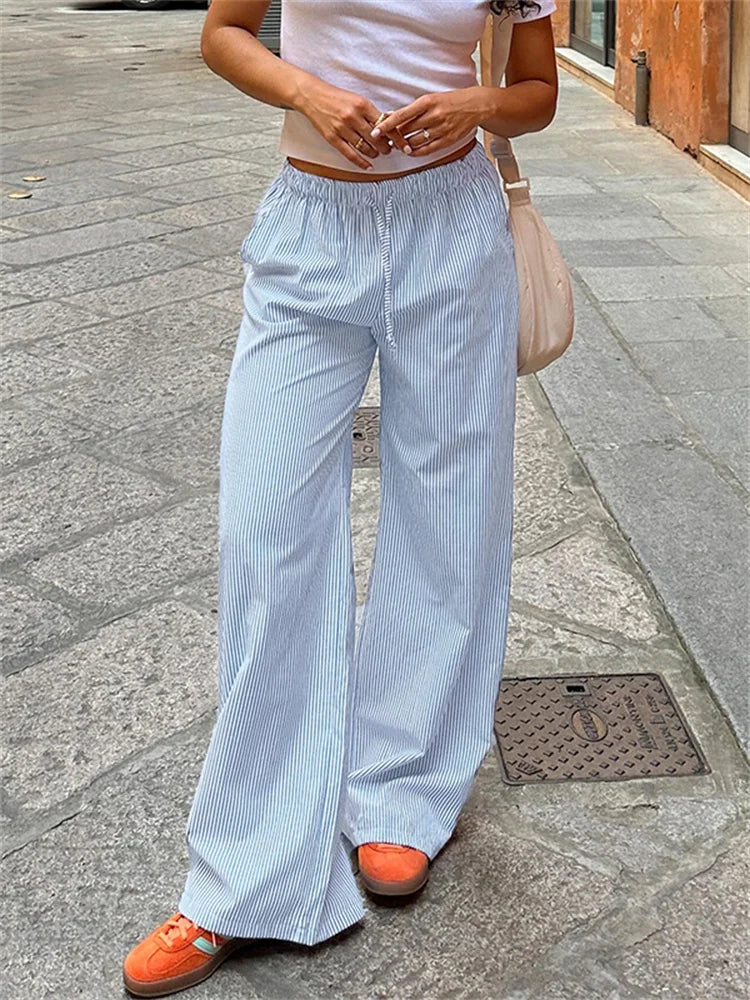 fashionStreetwear Striped Print Loose Trousers Lace-up Joggers Fashion Y2K Baggy Pants Basic Aesthetic 90s Cute Bottoms