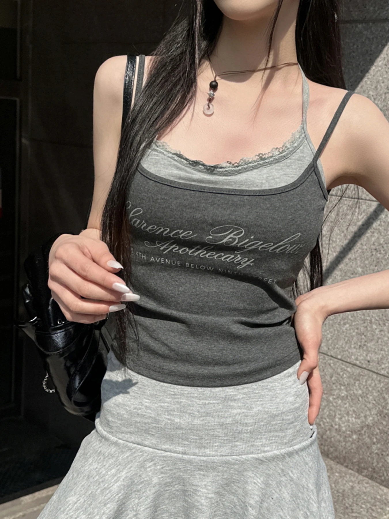 fashion Fake Two Pieces Color Contrast Camisole Backless Letter Print Slim Sexy Casual Slim Crop Top Basic Sweet Clothings