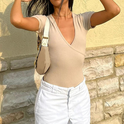 fashion V-neck Short Sleeves Bodysuits for Women Solid Aesthetic Slim Basic Outfits Fashion   90s Chic Retro Pullovers