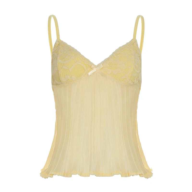 fashion Fold Solid Sexy Backless Camisole Bow Lace Patchwork Summer Chic Vest Slim 90s Hottie High Street Crop V-neck Top