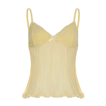 fashion Fold Solid Sexy Backless Camisole Bow Lace Patchwork Summer Chic Vest Slim 90s Hottie High Street Crop V-neck Top