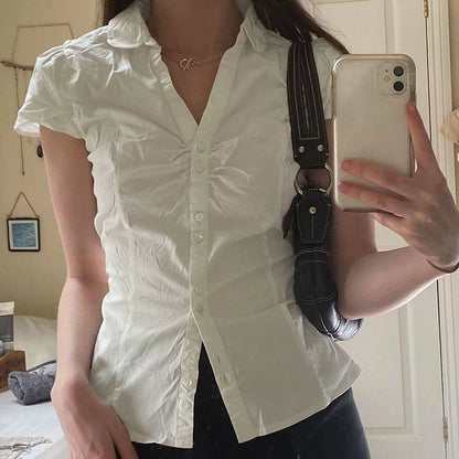 fashion Turn-Down Neck Solid Tee Shirts for Women Short Sleeves Aesthetic Y2K Tops Vintage Fashion Ruched Lace-up Clothes