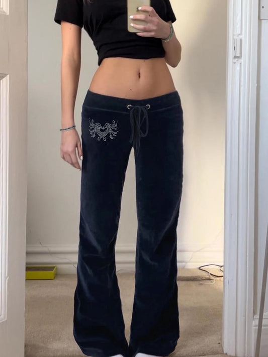 fashionRetro Rhinestone Y2K Flare Pants Lace-up Casual Streetwear Cute Bottoms Harajuku Aesthetic 2000s Women's Pants
