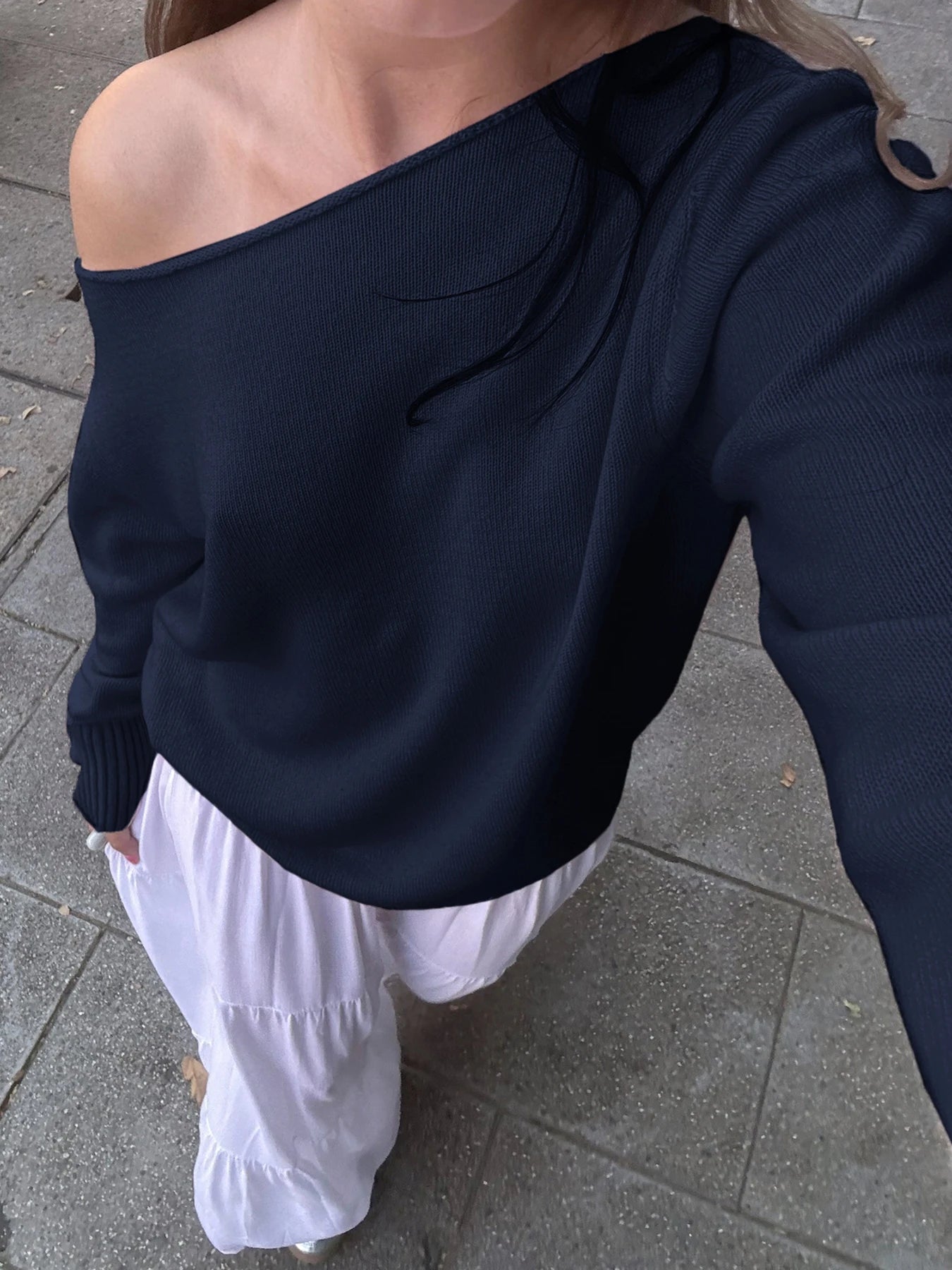 fashion Skew Collar Solid Knit Pullovers Autumn Fashion Casual Loose Sweaters All-match Korean Chic Women's Outfits 90s