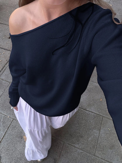 fashion Skew Collar Solid Knit Pullovers Autumn Fashion Casual Loose Sweaters All-match Korean Chic Women's Outfits 90s