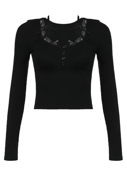 fashion Vintage Lace Patchwork Bows Button T-shirts Square Collar Solid Chic Long Sleeves Outfits Strap Retro Casual Cloth