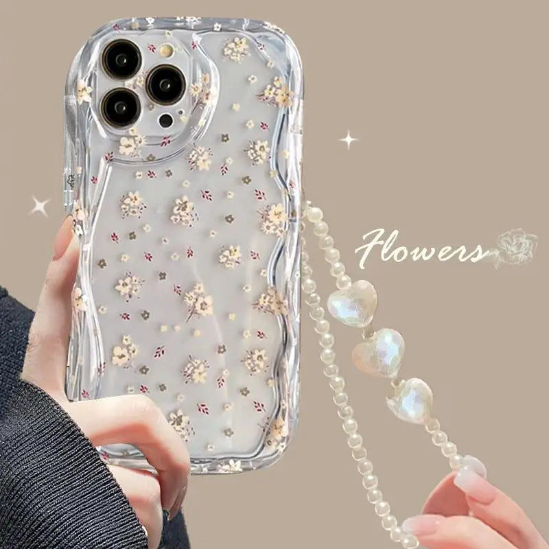 3D Flower Chain Lanyard Phone Case For Redmi Note 13 Pro Plus 5G 13C 4G Soft Wavy Edge Oil Painting Flowers Protective Cover