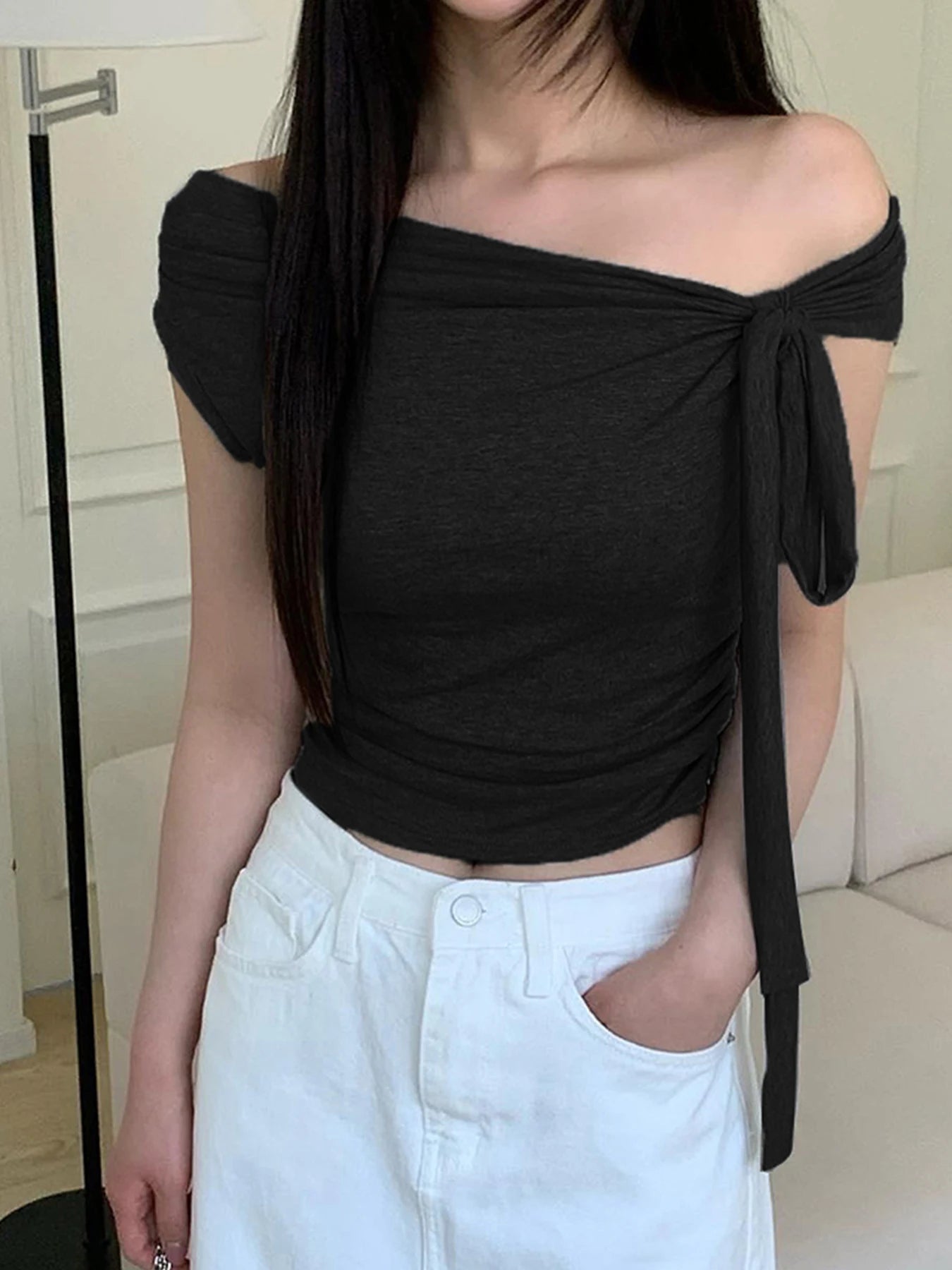 fashionIrregular Knotting Slash Neck Solid Tops Casual Slim Chic Fashion Women's Clothing Streetwear Elastic Outfits