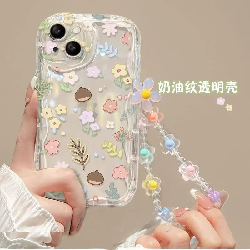 3D Flower Chain Lanyard Phone Case For Redmi Note 13 Pro Plus 5G 13C 4G Soft Wavy Edge Oil Painting Flowers Protective Cover