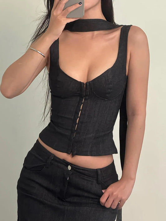 fashion Sexy Deep V-neck Hook Camisole Sleeveless All-match Slim Bodycon Chic Cropped Top Streetwear Lace-up Hottie Outfit