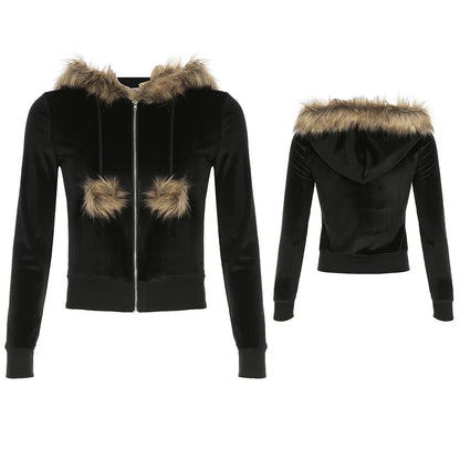 fashionZip Up Fur Neck Hoodie Coats Fashion Slim Solid Y2K Vintage Women's Jackets Casual Streetwear Chic Basics Clothes